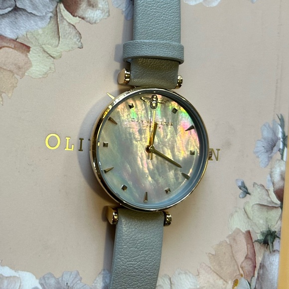 Olivia Burton Queen Bee Watch With 30mm Grey Pearl Face & Grey Leather Band - Picture 5 of 8